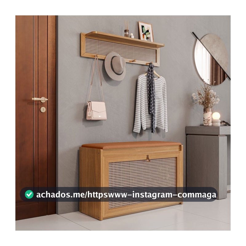 Kit Sapateira e Cabideiro Plenitude Plus Com Prateleira e Porta Basculante Com Detalhe em Rattan