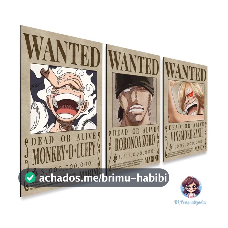 Kit 3 Placa Decorativa One Piece 15x21cm em MDF Premium – Anime Geek Quarto Decor Procurados Wanted