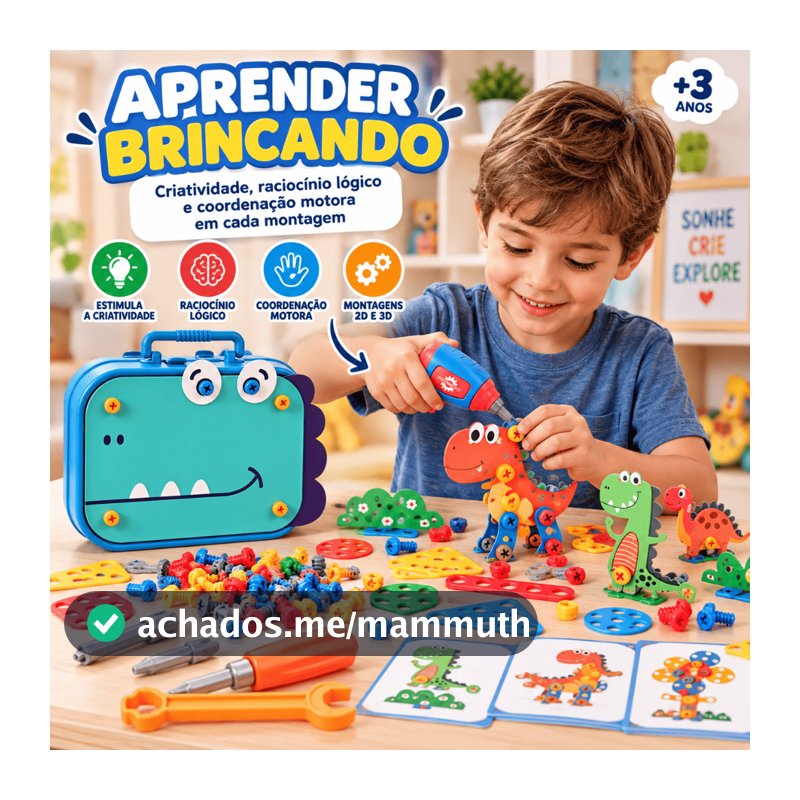 Brinquedo de Montar Dinossauro 283 Peças com Parafusadeira Elétrica Maleta e Ferramentas Infantil