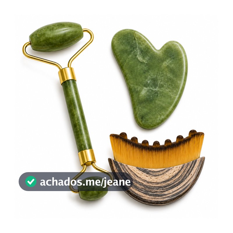 Kit Massagem Facial Premium com Rolo de Jade Verde, Pedra Gua Sha e Escova para Drenagem Linfática