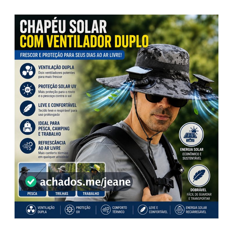 Chapeu Solar com Ventilador Duplo Protecao UV Ventilacao Alta para Pesca Trabalho Camping Caminhada