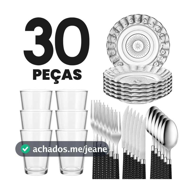 Aparelho de Jantar 30 peças - Prato + Copo + talher revestido