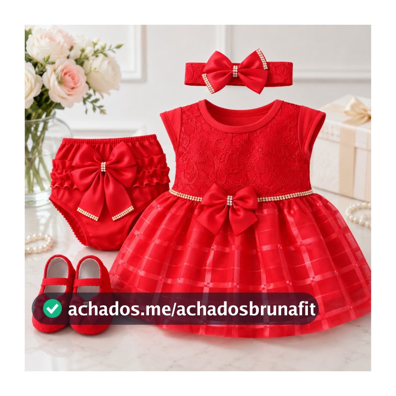 Vestido Renda luxo Kit 4 Peças 0 a 12 Meses Calcinha Bunda Rica+Laço+Sapatinho Festa Batizado Aniversário Natal Ano novo