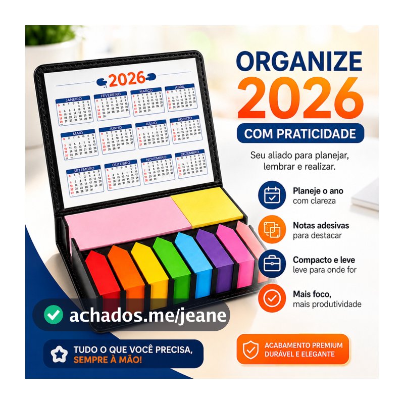 Conjunto de Notas Adesivas Vibrantes 2026 com Organizador de Couro Ecológico - Calendário Dupla Face