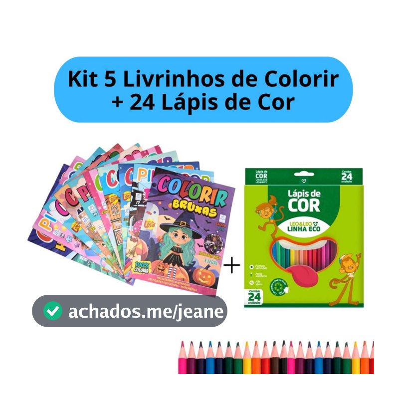 Kit 5 Livrinhos de Colorir Revistinha + 24 Lápis de Cor Kit Festa Infantil Lembrancinha