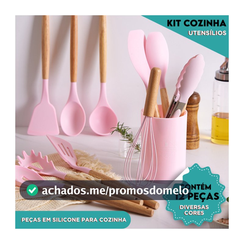 Kit Utensílios de Cozinha  Com 4 5 ou 12 Peças em Silicone com Cabo de Madeira Completo  - CH