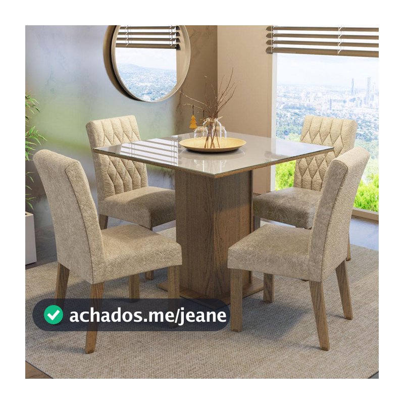 Conjunto Sala de Jantar Mesa Tampo de Vidro 4 Cadeiras Rustic/Crema/Imperial Anaju Madesa