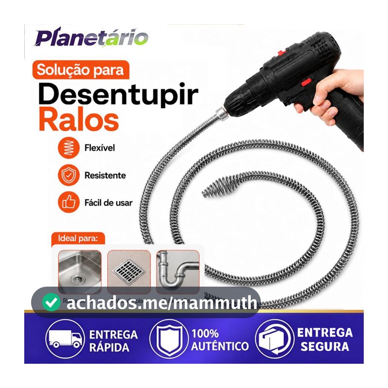Desentupidor Rotativo  Adaptador p/ Furadeira Mola de Aço Ralo Pia Banheiro Cozinha Quintal Cano Calha