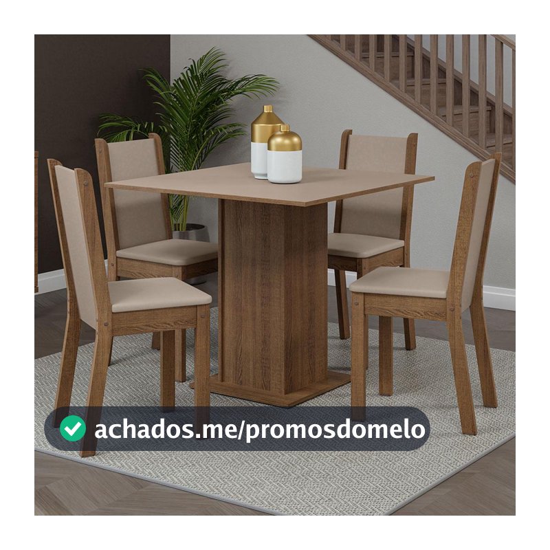 Conjunto Sala de Jantar Mesa Tampo de Madeira 4 Cadeiras Rustic/Crema/Sintético Bege Briana Madesa