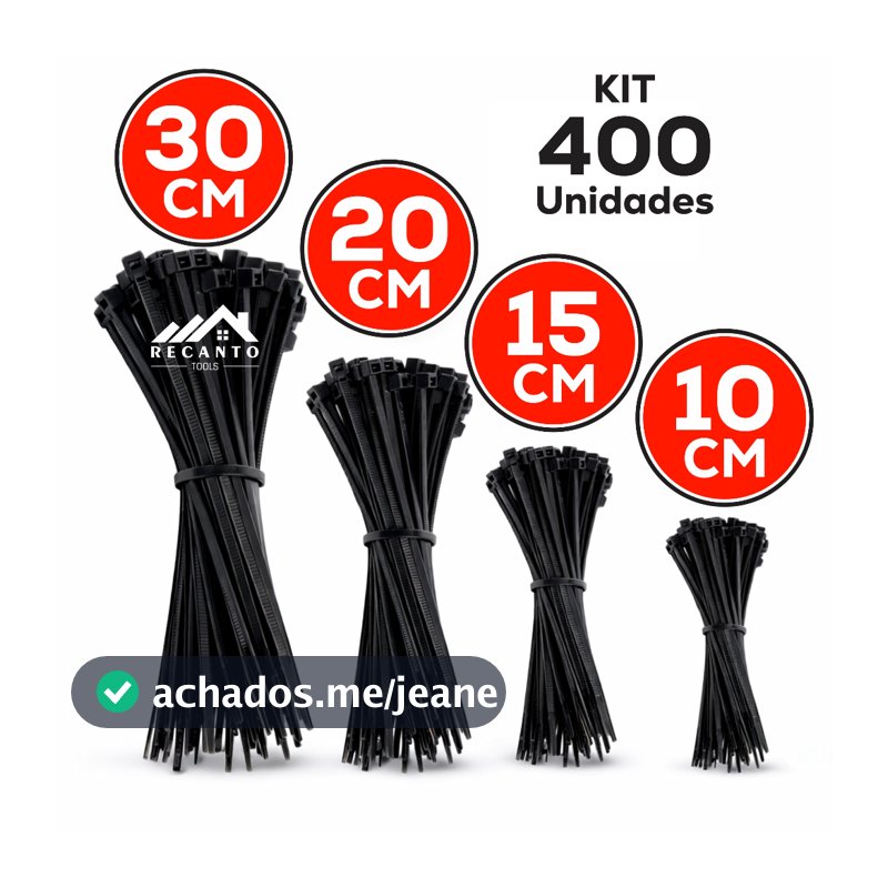 Kit 400 Abraçadeira de Nylon Enforca Gato Braçadeira Cintas Plásticas 10cm - 15cm - 20cm - 30cm - Preta | Branca