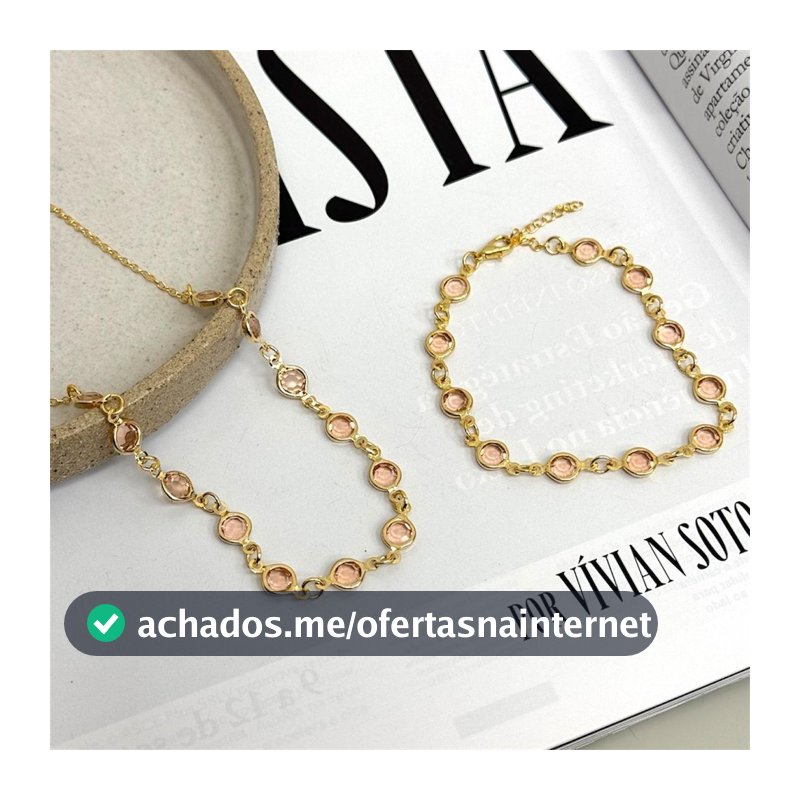 Colar e pulseira Pedra Zircônia Rosa Banhado a Ouro 18k