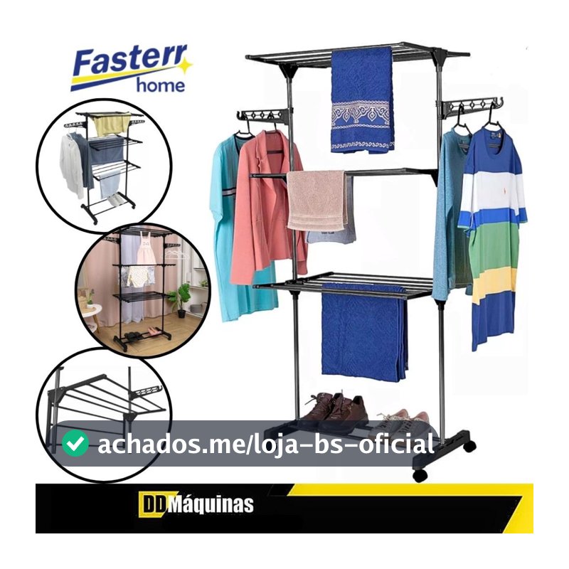 Varal de Chão em Aço Vertical Dobrável 3 Andares Preto - Fasterr