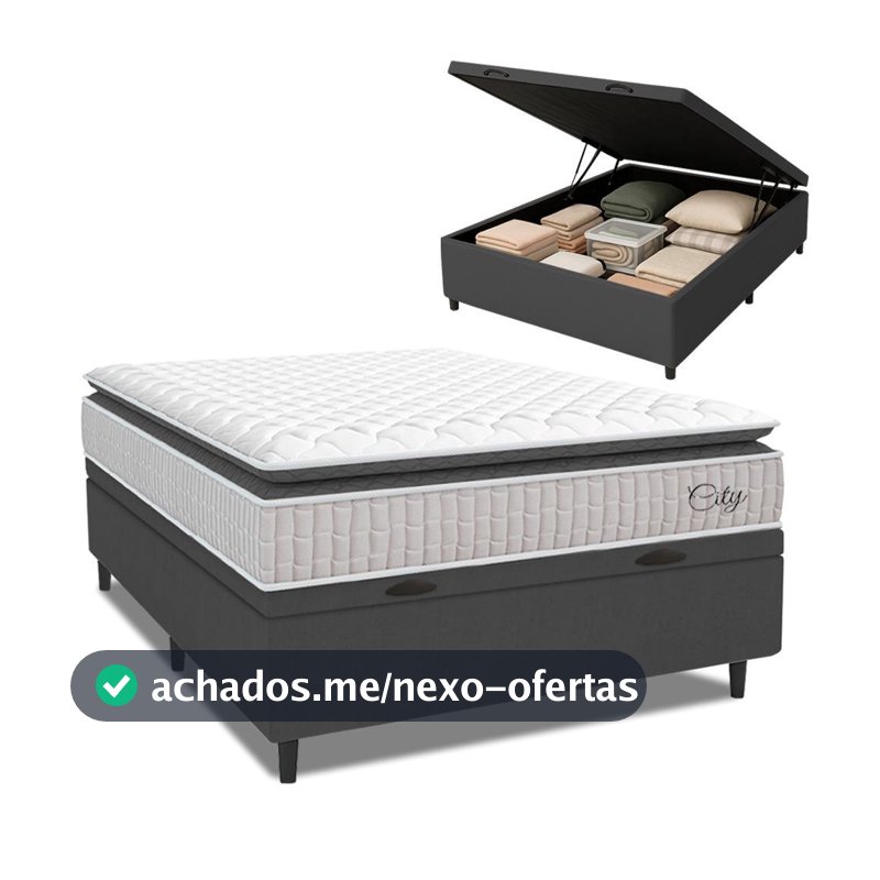 Cama Box Baú Colchão Casal Molas Ensacadas City Pillow Top 138x188x64cm Branco / Cinza Hellen