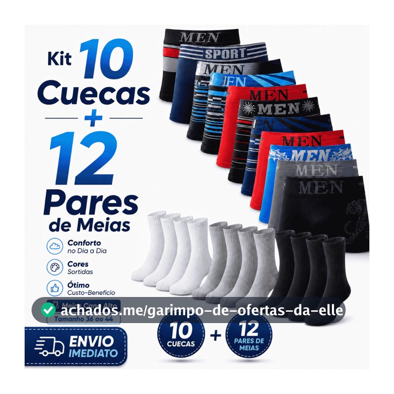 Kit Masculino 10 Cueca Boxer Microfibra + 12 Pares Meias Algodão Conforto Durável Uso Diário Oferta