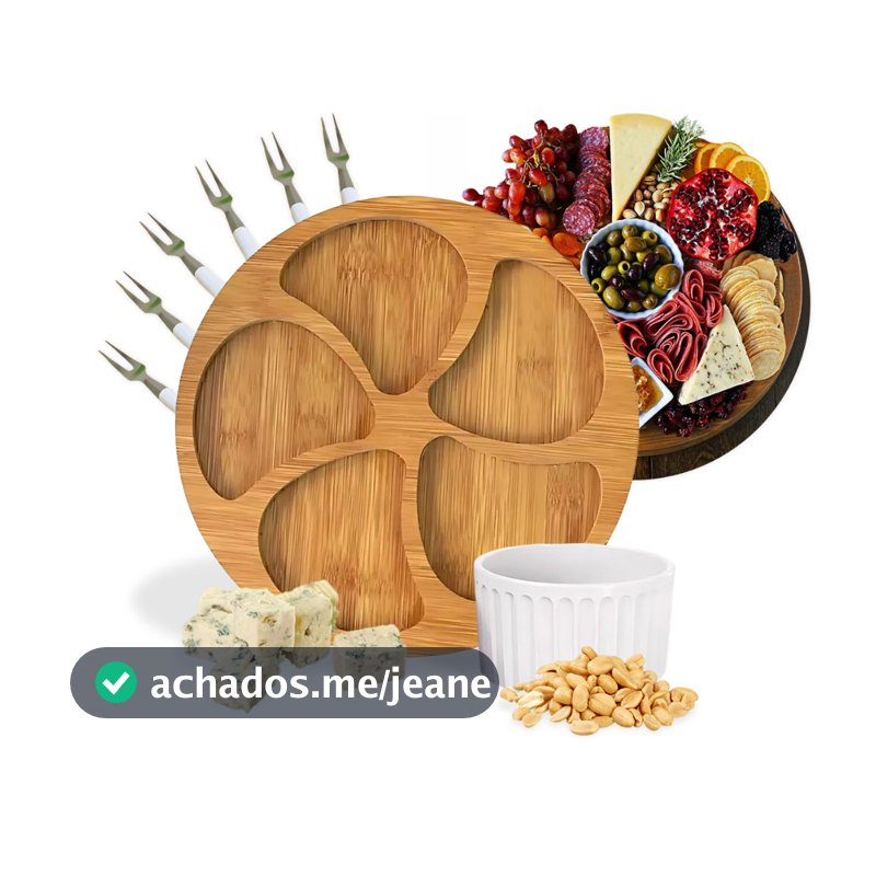 Kit Petisqueira Redonda Para Frios Queijo Com Molheira Ramekin e Garfinhos para Petiscos