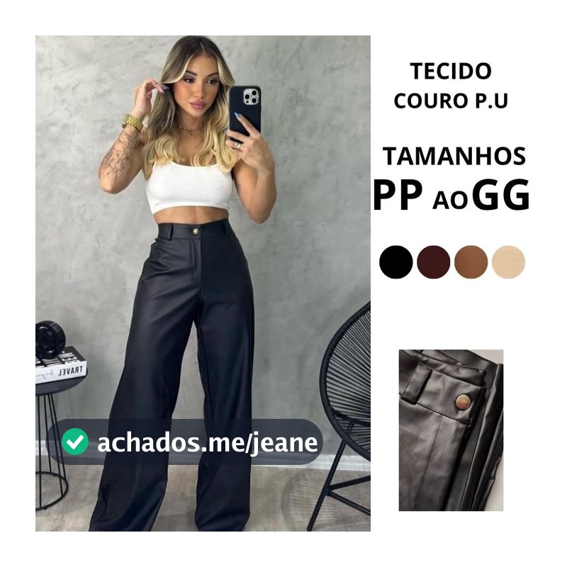 Calça de couro Pantalona Feminina Couro Sintético Premium Wide Leg Cintura Alta
