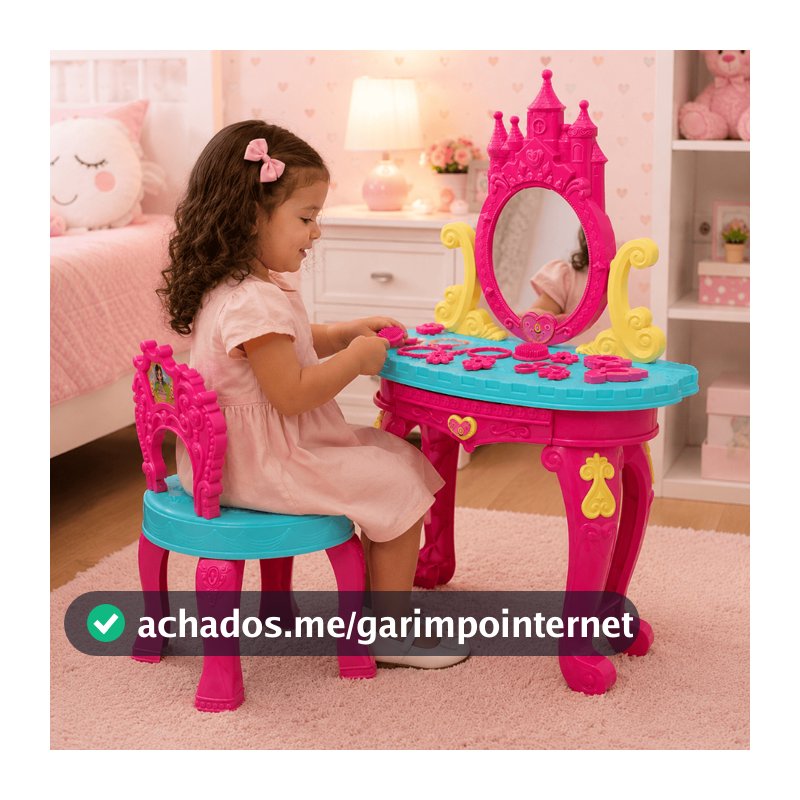Brinquedo Penteadeira Princesas Infantil com Banquinho e 13 Acessórios