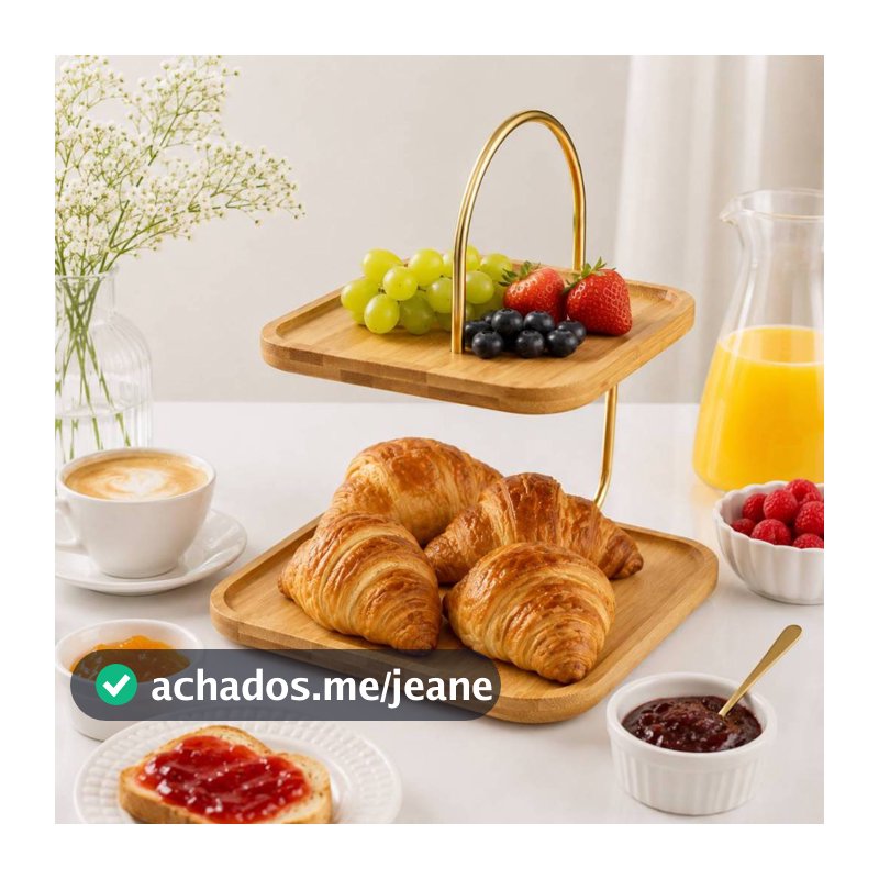 Suporte Para Servir 2 Andares Tábua Bambu Natural Haste Dourada Porta Doces Cupcakes Frutas Petiscos Mesa Posta Festa