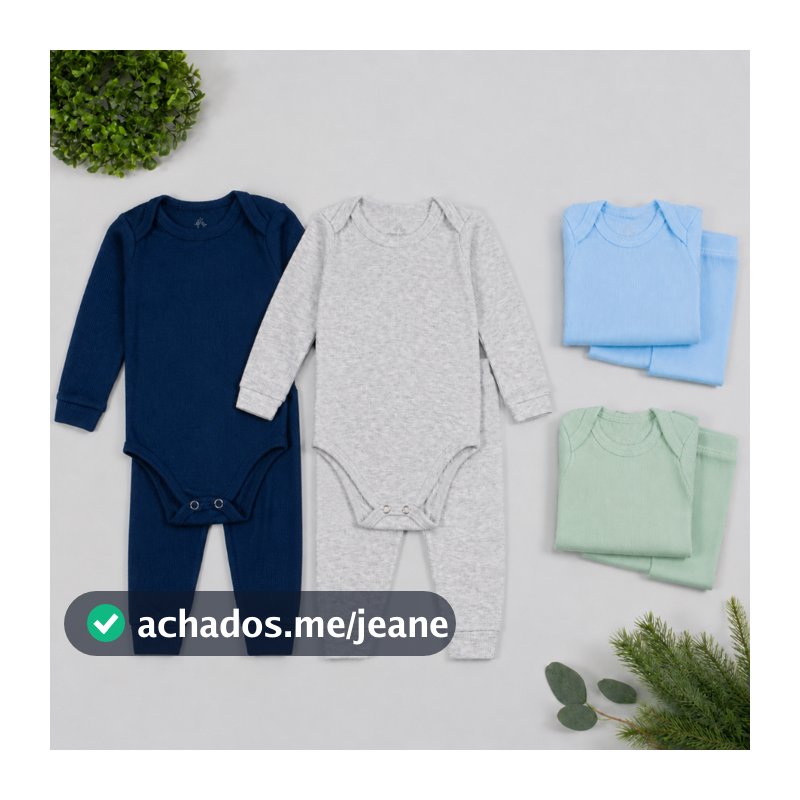 Kit 4 Peças Bebê Enxoval Menino | 2 Body Manga Longa + 2 Calça Mijão Pagão | Canelado RN ao GG