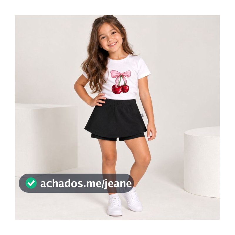 Conjunto Infantil Camisa Estampada Laço Cereja Camiseta Short Saia Criança Kids Estilo Coreano Blogueirinha