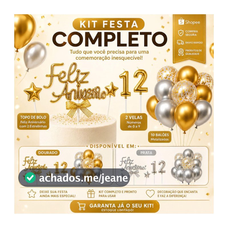 Kit Festa Completo Aniversário Dourado/Prata Balões Metalizados + Topo + Velas
