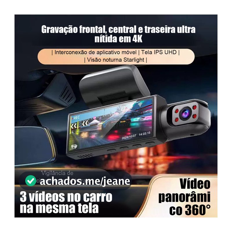 Câmera Veicular 360° V9 com 3 Lentes HD, Visão Noturna, Estacionamento, Sem Fios, Gravação Full HD