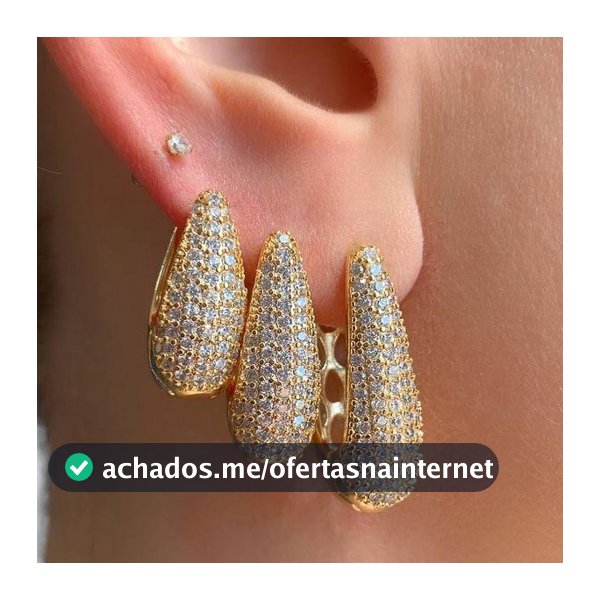 Trio Brinco Gota Click Cravejado Banhado a Ouro 18k