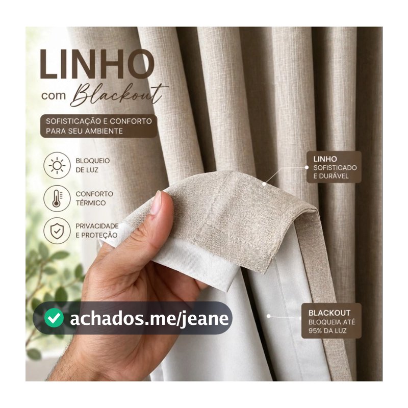 Cortina Blackout com Linho Premium 95% Bloqueio Luz Solar e Ilhós Cromados