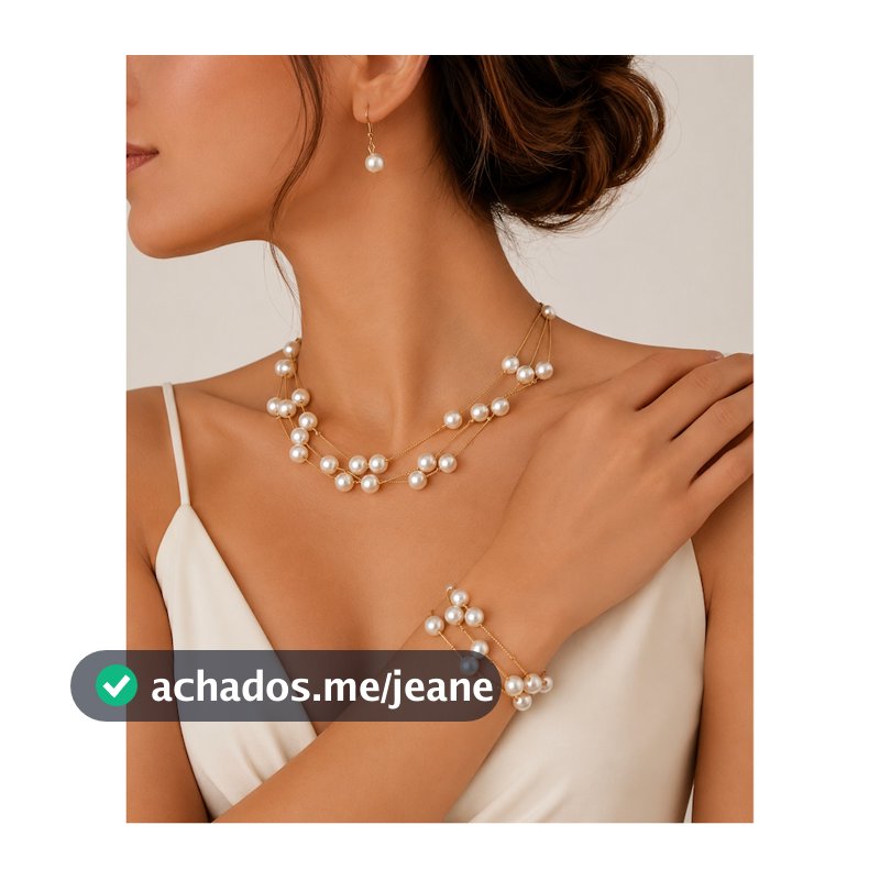 Conjunto 3 Peças Colar + Brinco + Pulseira Pérola
