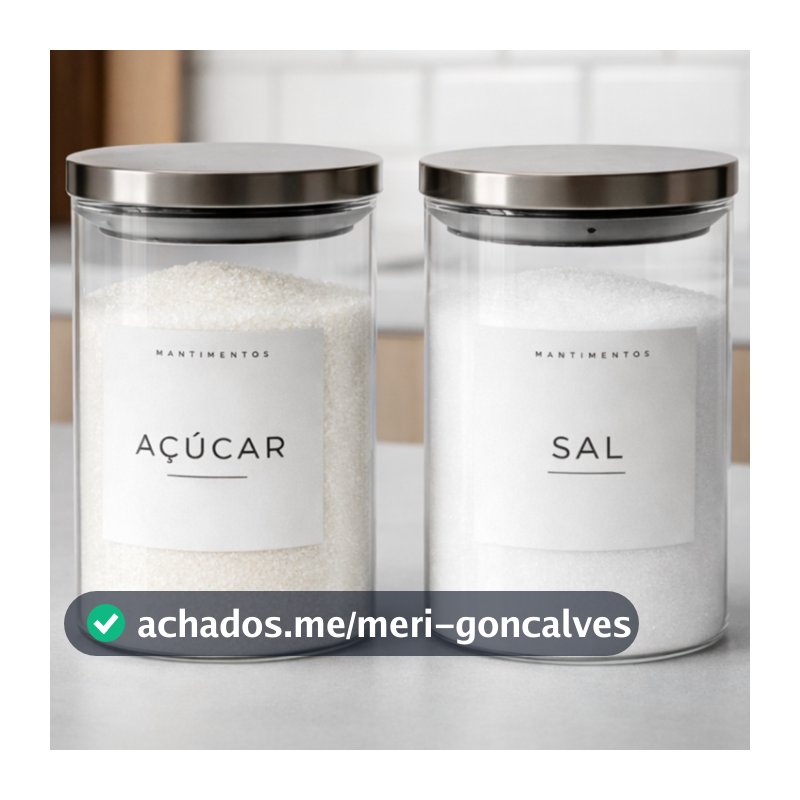 Kit 2 Potes Herméticos Vidro Transparente Tampa Inox 1L  Mantimentos Etiquetas Brancas Açúcar e Sal
