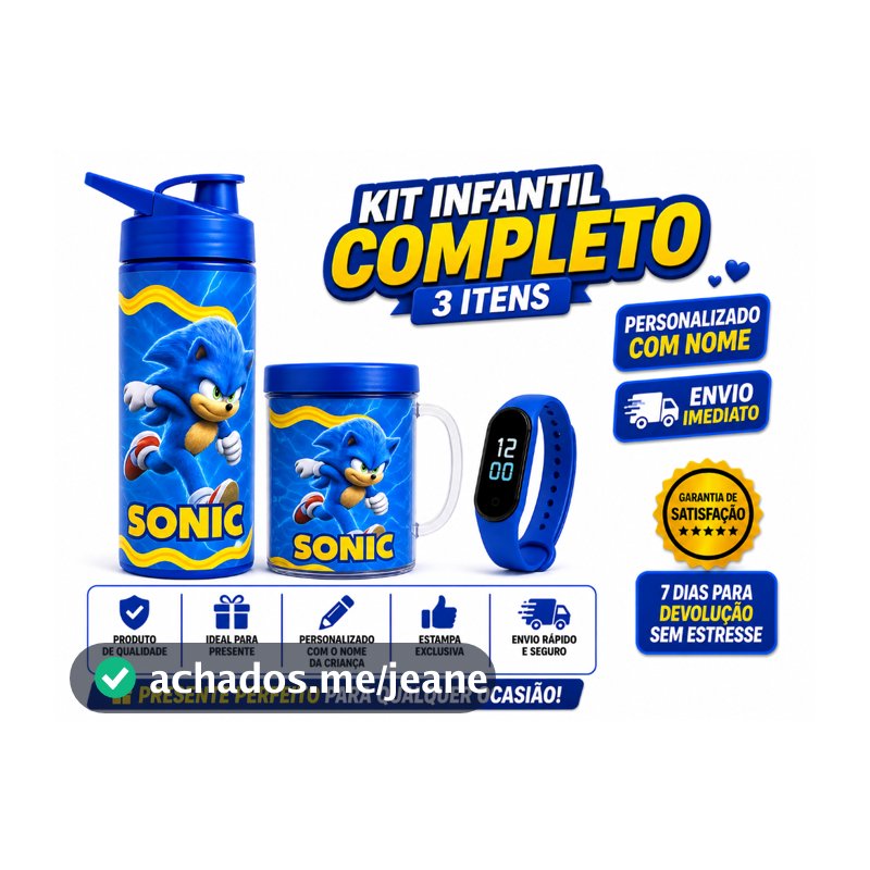 SONIC Presente dia das Crianças Garrafa Copo e Relógio do Sonic com Nome da Criança Envio Rápido