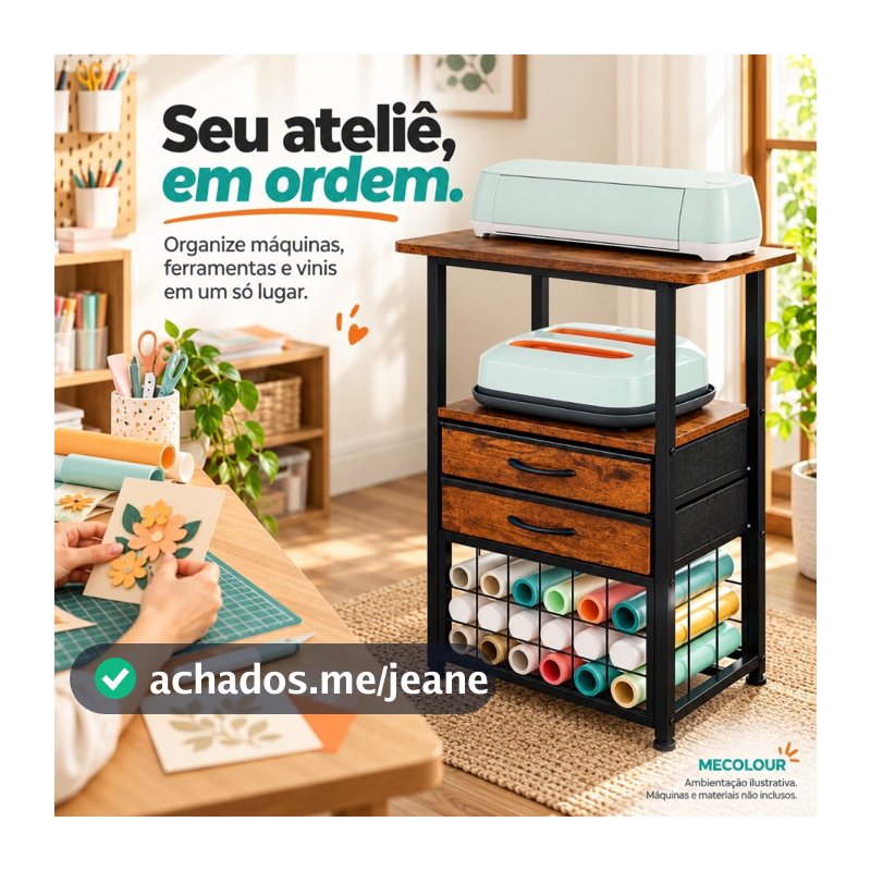 Organizador MECOLOUR p/ Cricut: 18 Rolos Vinil, 2 Gavetas e Acessórios. Ideal Artesanato - Marrom Rústico
