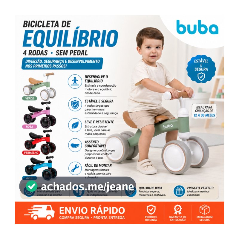 BICICLETA DE EQUILÍBRIO INFANTIL 4 RODAS SEM PEDAL BUBA