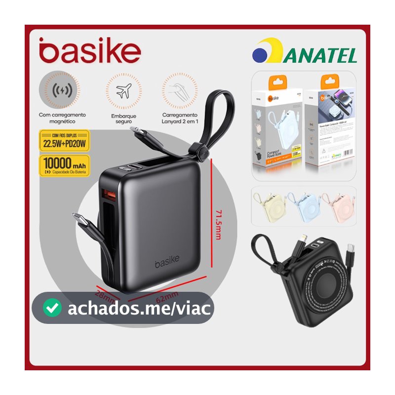 Basike Power Bank 10000mah PD 22.5 W Mini，Bateria portátil Carregamento sem fio para celulares/relógios/fones，b200b