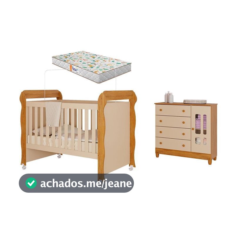 Berço Americano Mirelle e Cômoda Infantil Ariel com Porta Off White Bétula com Colchão Gazin– Carolina Baby