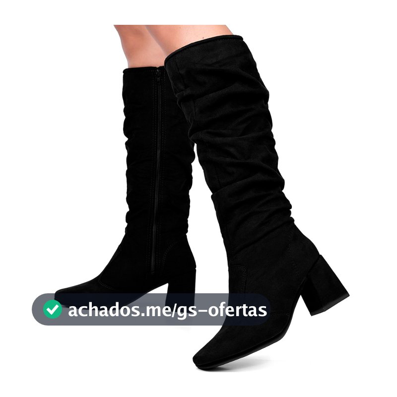 Bota Feminina Lumiss Camurça Suede Cano Alto Enrugado Salto Bloco Baixo Slouchy