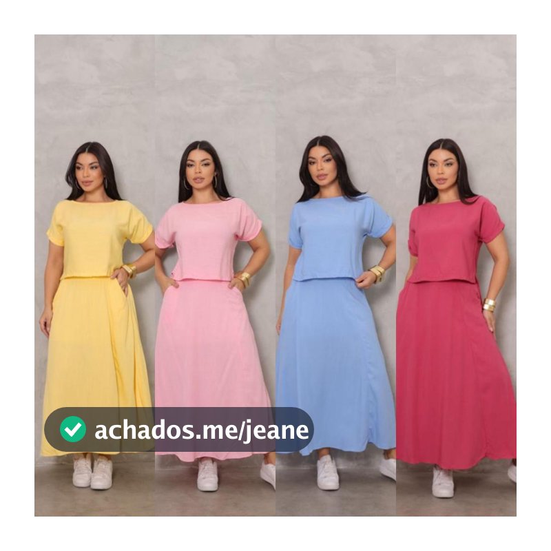 Conjunto Midi Feminino Saia Longa e Blusa com Bolsos Viscolinho Tamanho Único Cropped