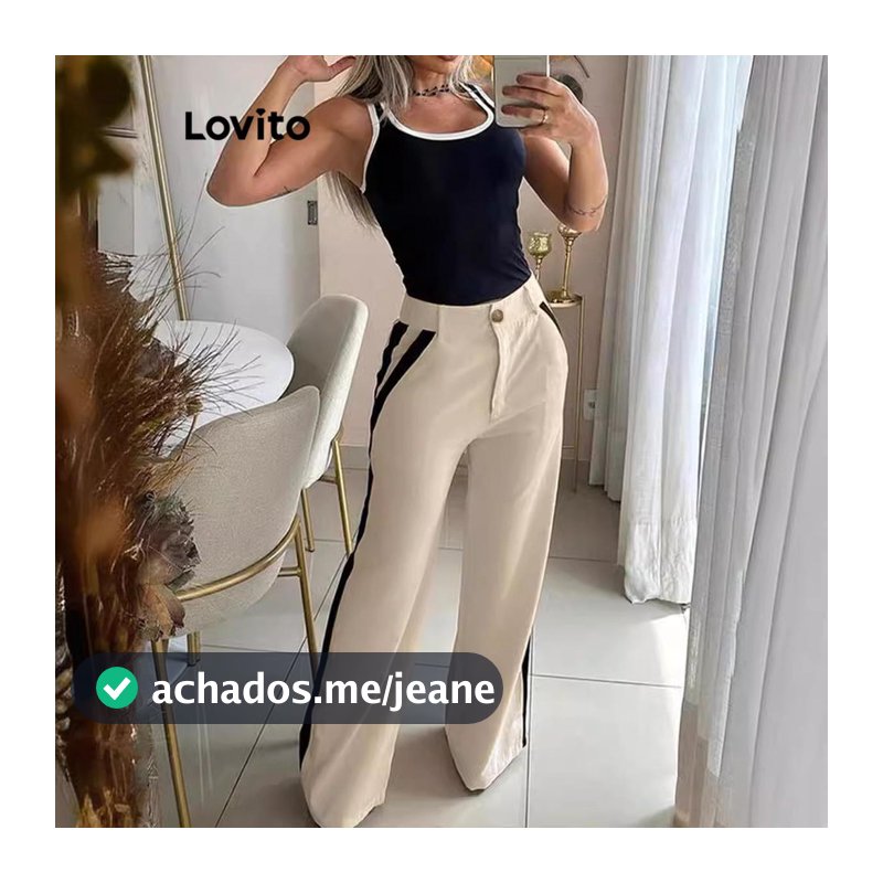 Lovito Cintura Alta Conjuntos De Calças Elegantes Conjuntos De Calças De Amarração De Contraste Liso Para Mulheres LNL67157
