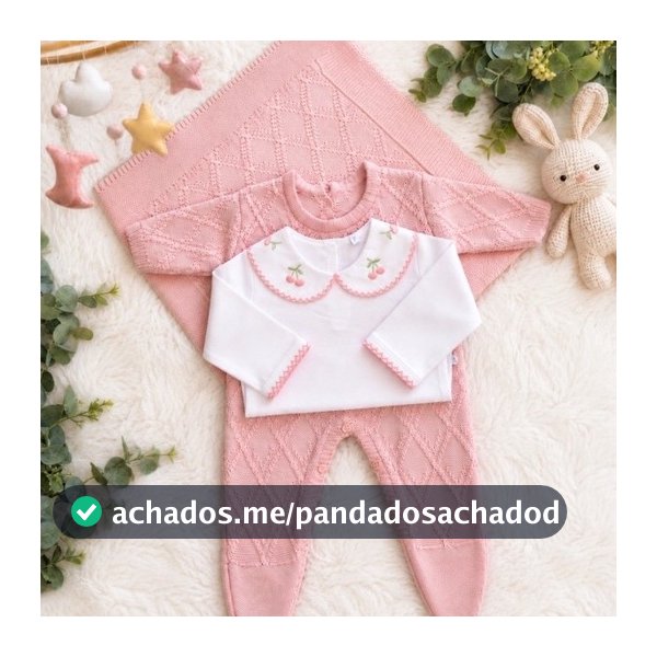 Kit Saída da Maternidade Bebê 3 Peças em Tricô Manta Macacão e Body Bordado