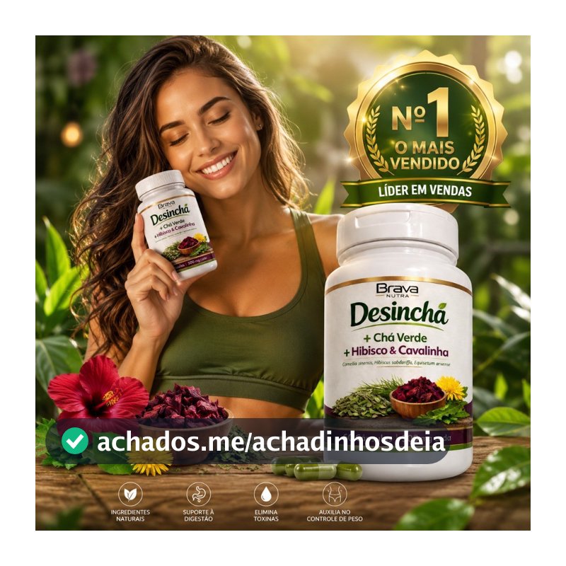 Chá Natural Brava Nutra | Chá Verde + Hibisco + Cavalinha | Reduz Inchaço | 60 Cápsulas