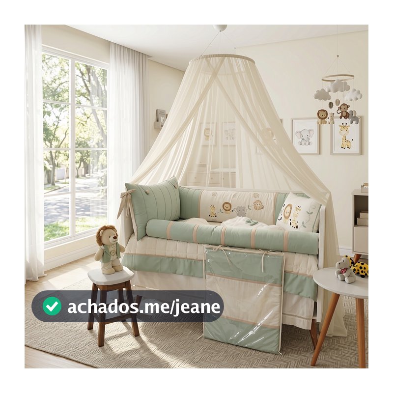 Kit Berço Americano Bordado Friends Safari 10 Pçs Verde com linho