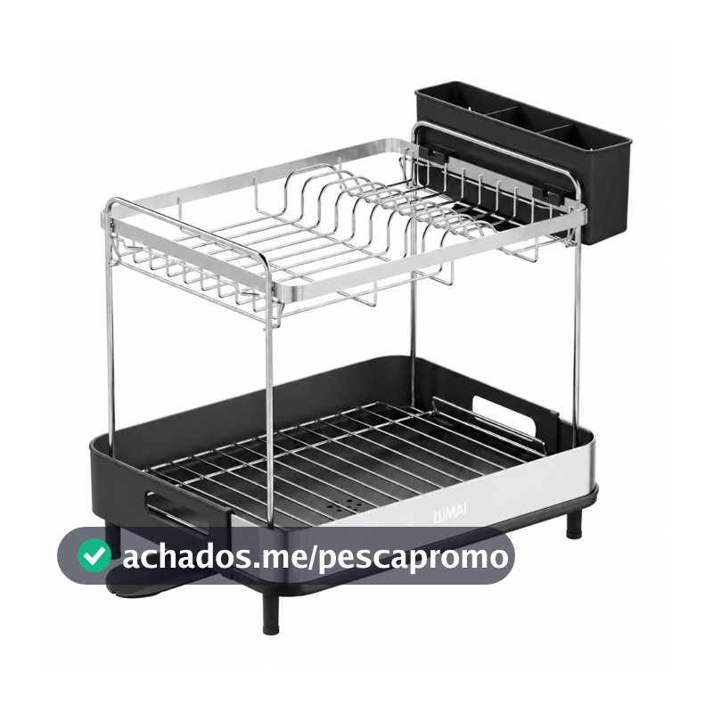 LUMAI Escorredor de Pratos e Louças Viena Grande 2 Andares, Aço Inox com Drenagem e Porta-Talheres