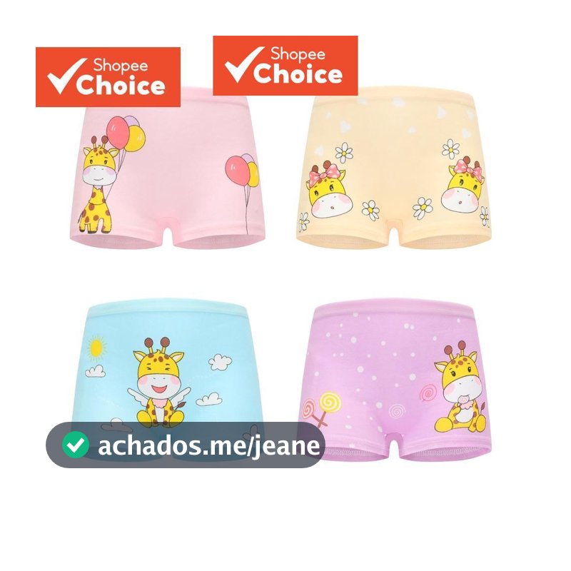 Pacote Com 4 Roupas Íntimas De Algodão Macio Para Bebês Meninas | Cuecas Boxer Fofas De Desenho Animado Idades De 2 A 12