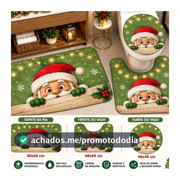 Kit 3 Tapete Banheiro Natal Antiderrapante 40x60 Papai Noel Floral - 3 Peças