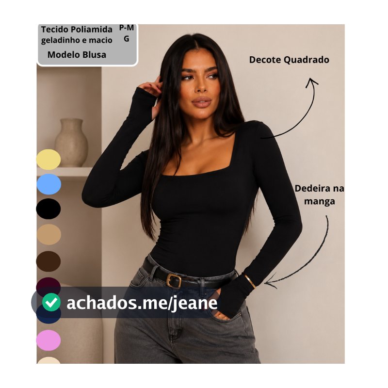 Blusa Feminina Gola Decote Quadrado Poliamida Forro nos Seios Manga Longa Com Dedeira Segunda Pele