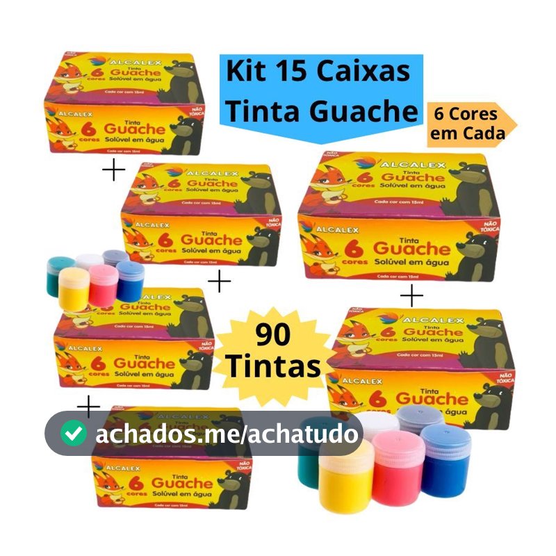 Kit 15 Caixas Tinta Guache 15ml Caixa Com 6 Cores Diferentes 90 Tintas Escolar Infantil Alcalex