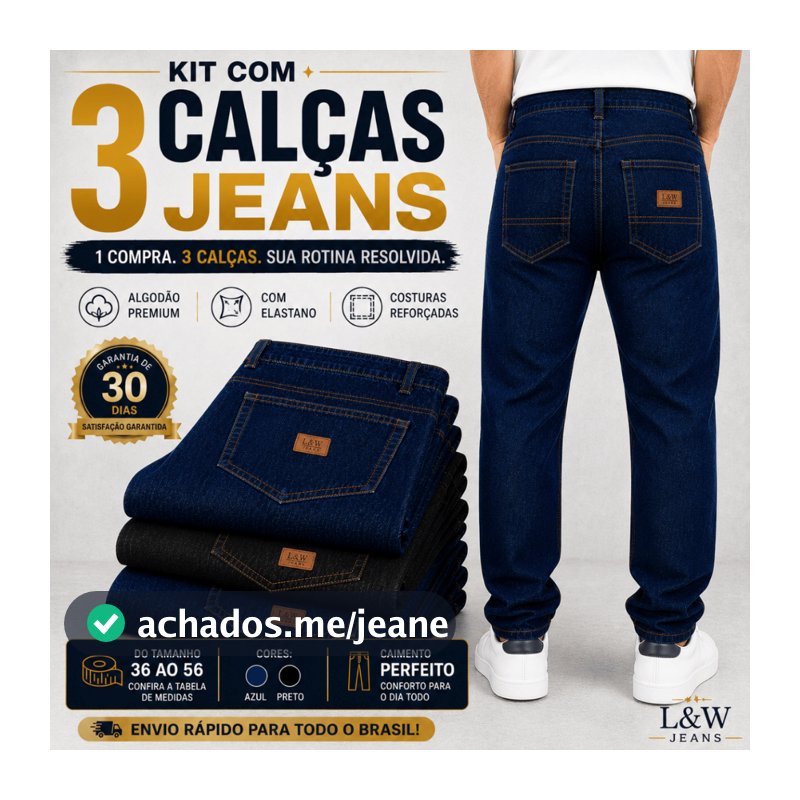 Kit 3 Calças Jeans Masculina Premium- Corte tradicional Basico Reto  com Lycra