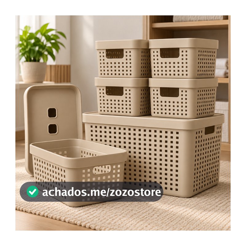 Kit 6 Caixa Organizadora com Tampa 17 L 4,5 L 2 L Cesto Grande em Plástico para Organização