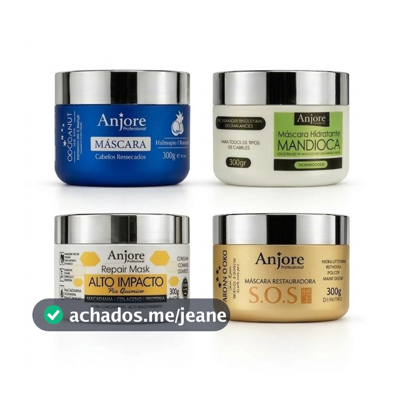 Kit 4 Máscaras Variadas Salão 300Gr Anjore 1 Argan 1 Impacto 1 Coco 1 Mandioca Reconstrução Nutrição