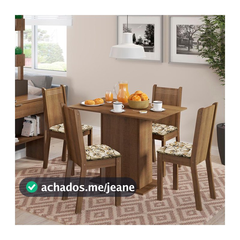 Conjunto Sala de Jantar Lexy Madesa Mesa Tampo de Madeira com 4 Cadeiras - Rustic/Floral Lírio Bege